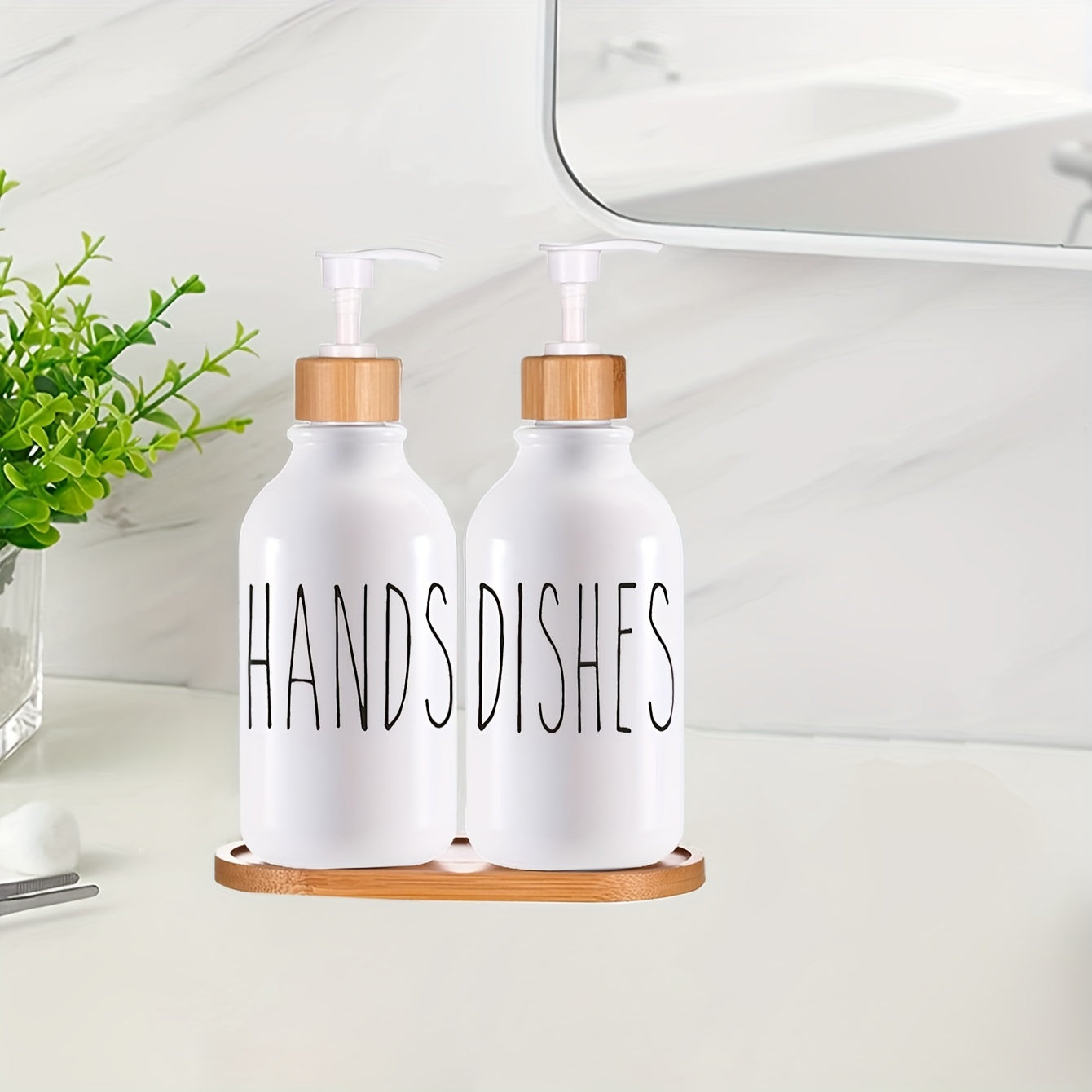 2-Piece Refillable Soap Dispenser Set with Tray - Empty Hand and Dish Soap Containers for Farmhouse Bathroom and Kitchen Decor