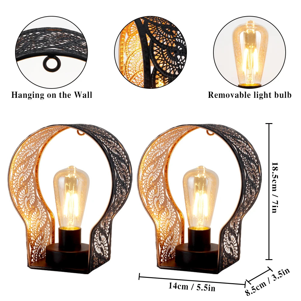 Set of 2 Battery Operated Lamp Unique Cordless Sconces Lantern Metal Cage Wall Mount Lights with 6-Hour Timer for Home Decor