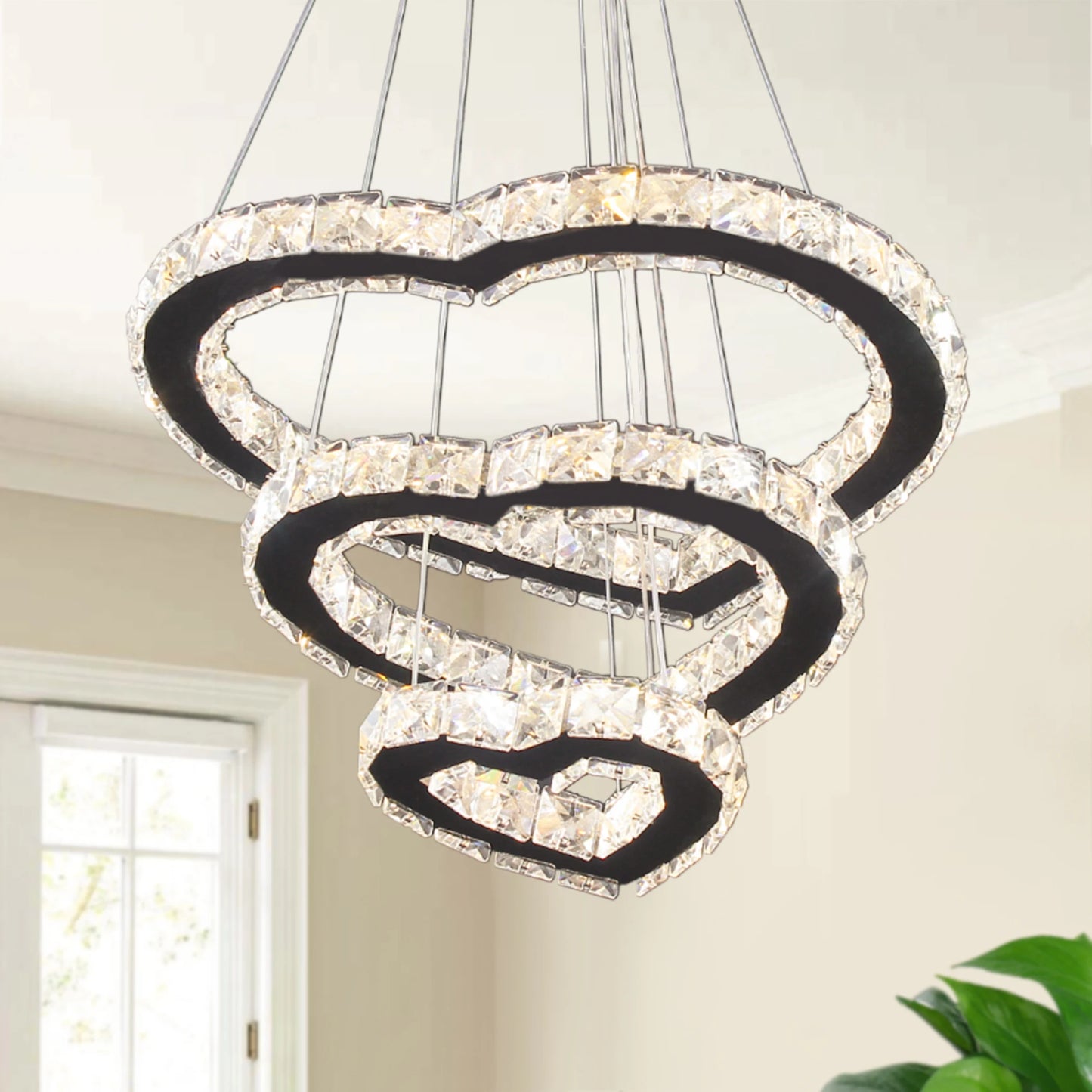Modern Luxury 3 Hearts Rings Crystal Chandelier Cool Warm White Home Decor LED Light Source