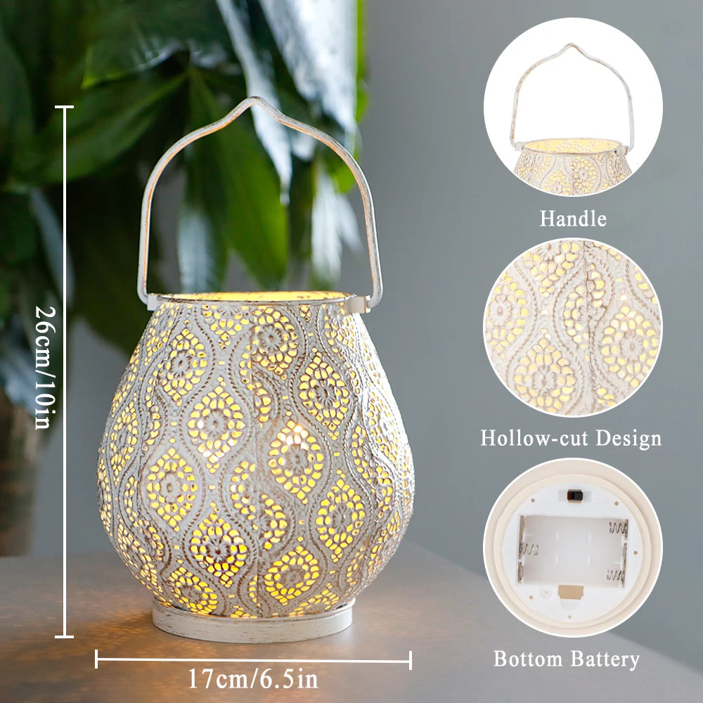 Set of Two Moroccan Style Battery Lantern Durable Garden Metal Round Lamp for Holiday Decoration (2pcs)