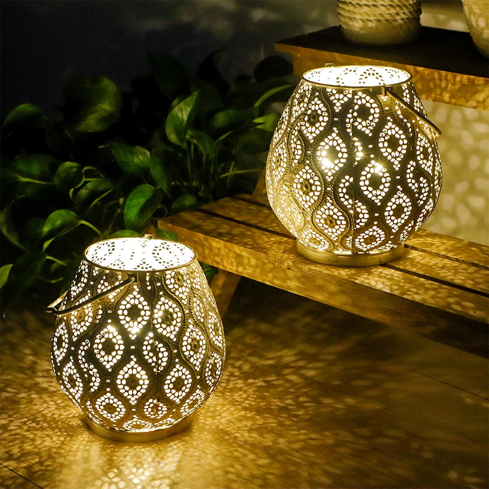 Set of Two Moroccan Style Battery Lantern Durable Garden Metal Round Lamp for Holiday Decoration (2pcs)