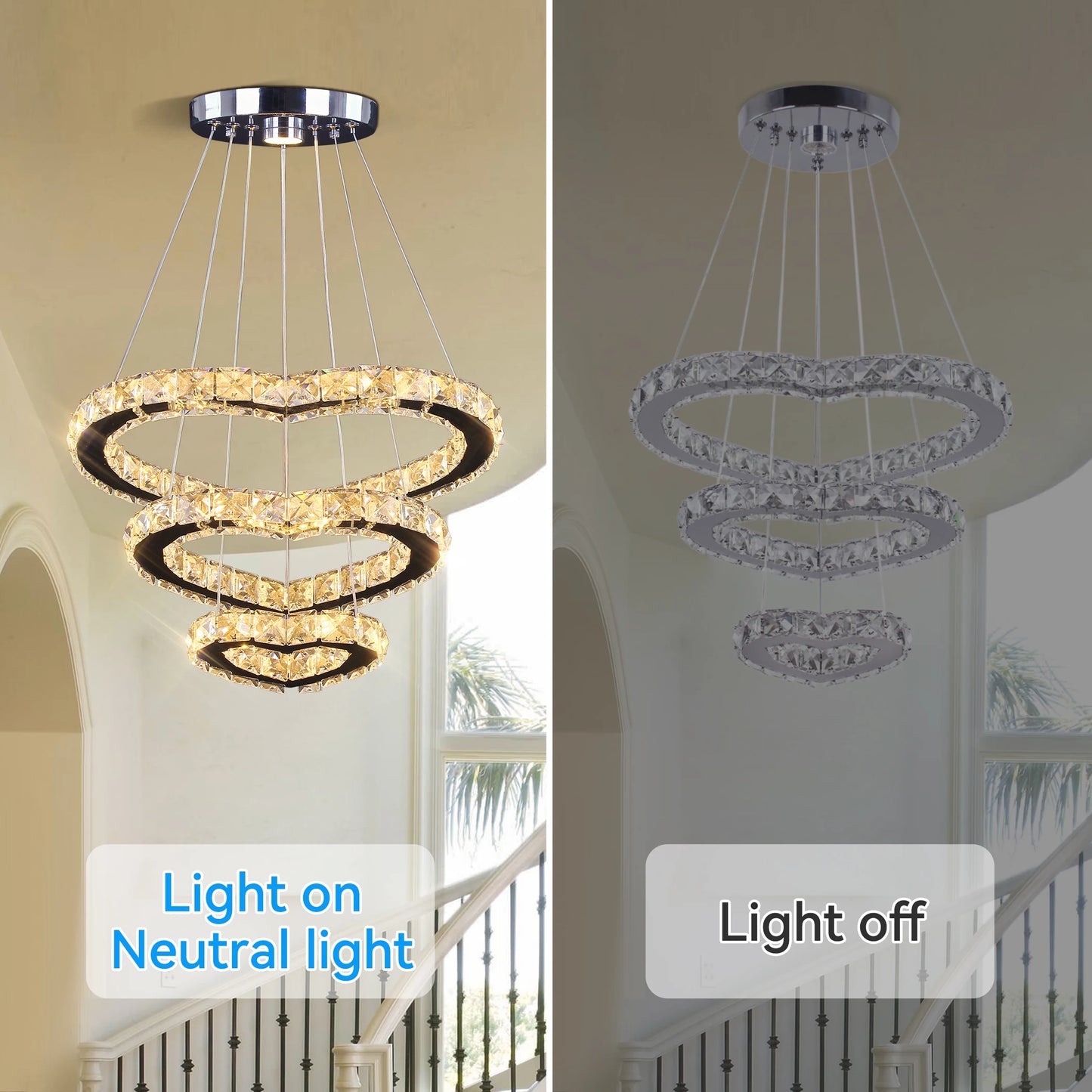 Modern Luxury 3 Hearts Rings Crystal Chandelier Cool Warm White Home Decor LED Light Source