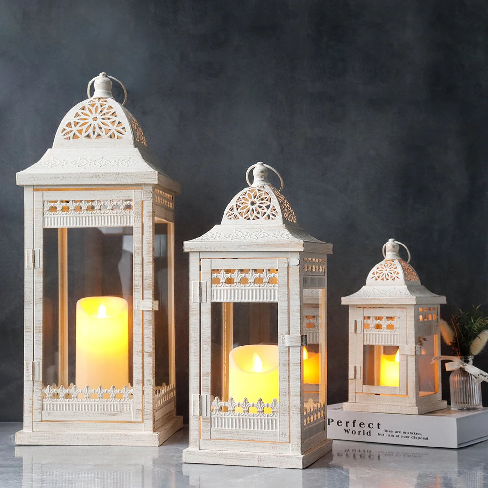 Set of 3 White Lantern Durable Garden Metal Lantern Empty Square Candle Lantern for Wedding Decoration