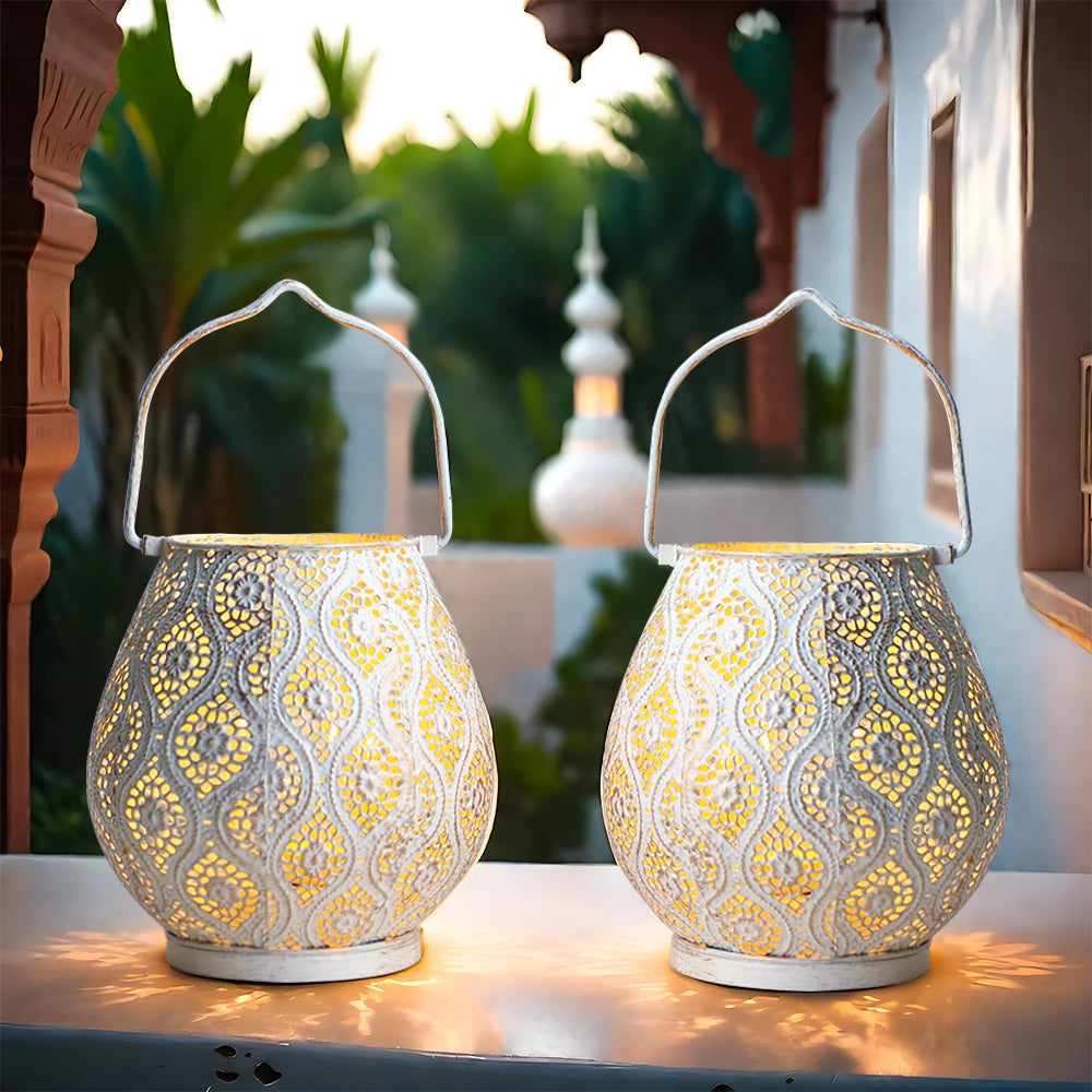 Set of Two Moroccan Style Battery Lantern Durable Garden Metal Round Lamp for Holiday Decoration (2pcs)