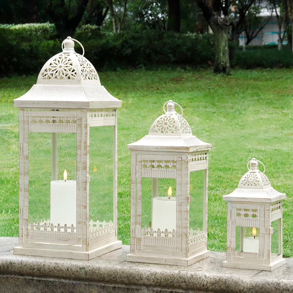 Set of 3 White Lantern Durable Garden Metal Lantern Empty Square Candle Lantern for Wedding Decoration