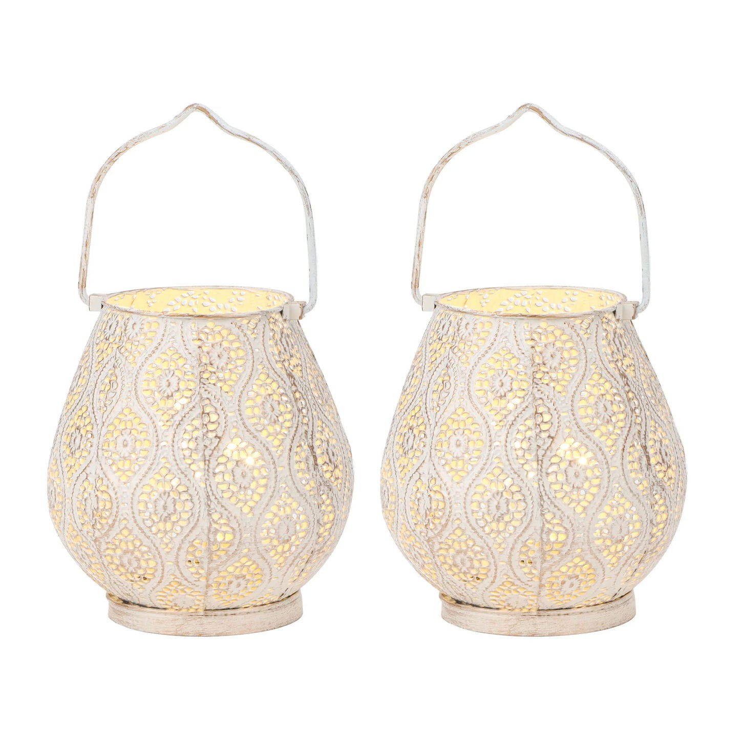 Set of Two Moroccan Style Battery Lantern Durable Garden Metal Round Lamp for Holiday Decoration (2pcs)