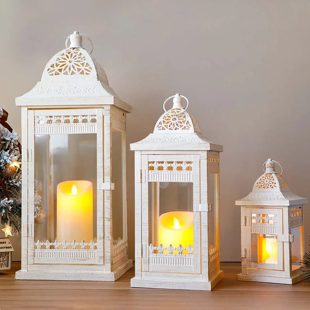 Set of 3 White Lantern Durable Garden Metal Lantern Empty Square Candle Lantern for Wedding Decoration