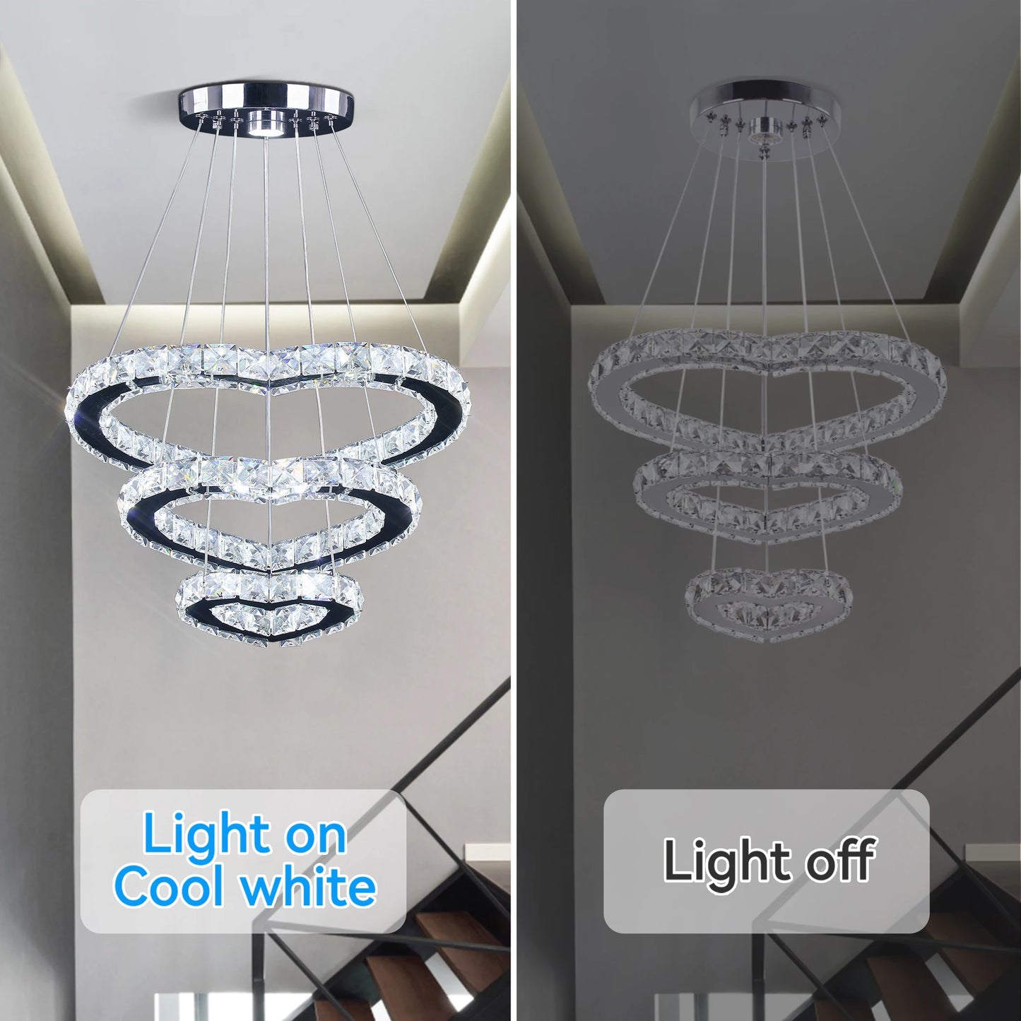 Modern Luxury 3 Hearts Rings Crystal Chandelier Cool Warm White Home Decor LED Light Source