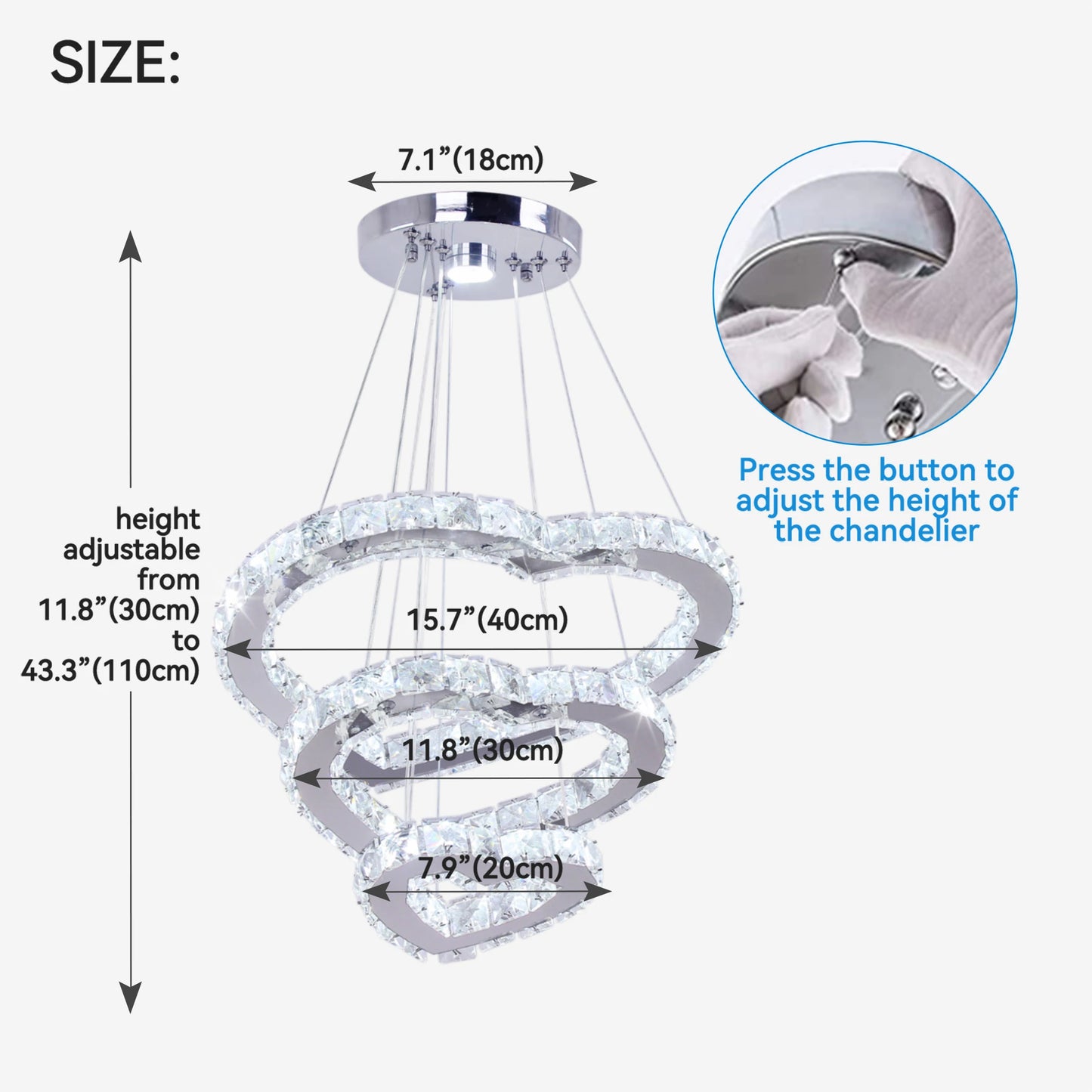 Modern Luxury 3 Hearts Rings Crystal Chandelier Cool Warm White Home Decor LED Light Source