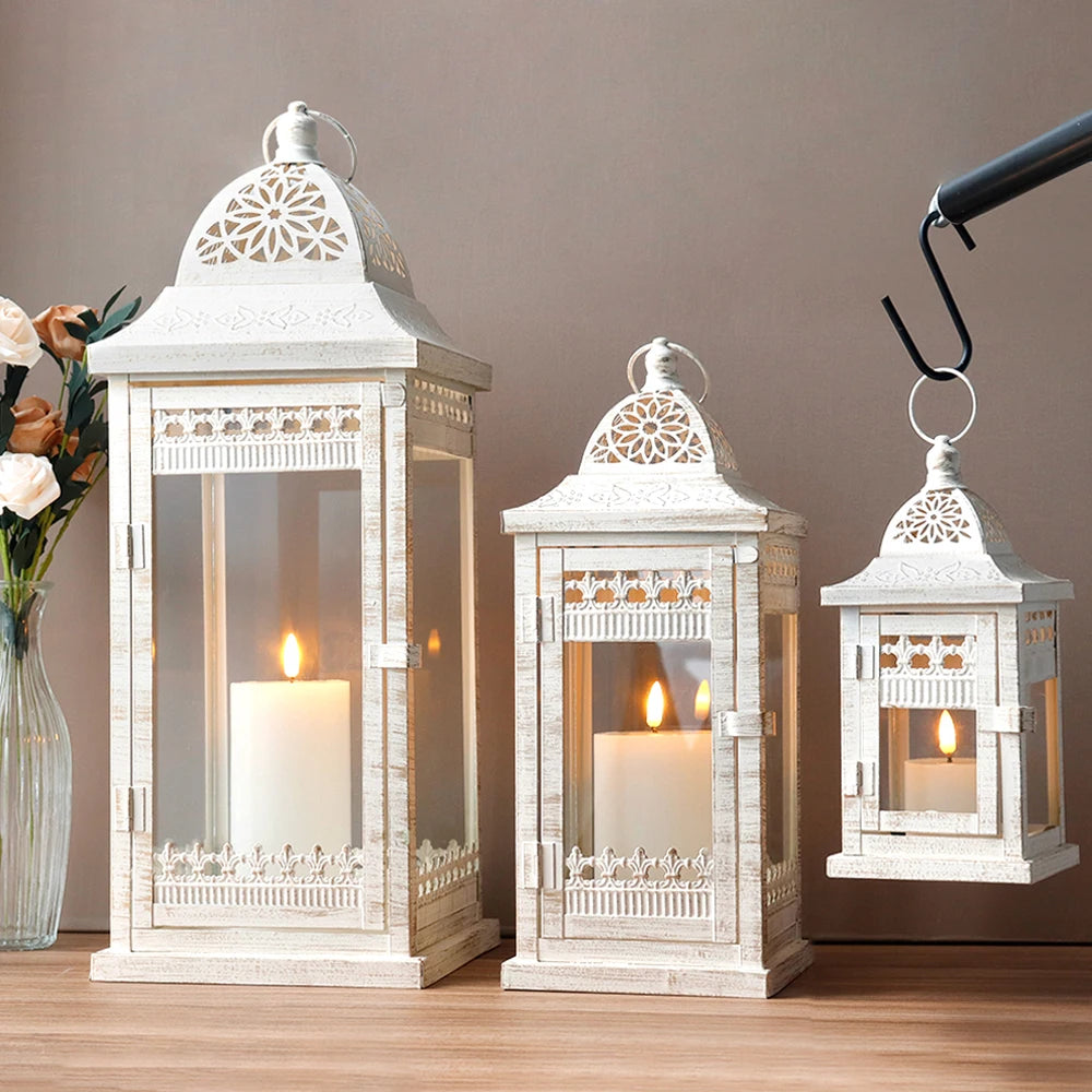 Set of 3 White Lantern Durable Garden Metal Lantern Empty Square Candle Lantern for Wedding Decoration