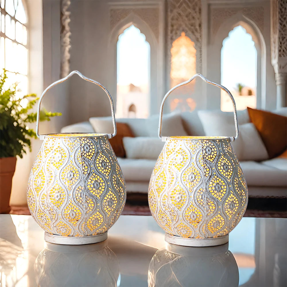 Set of Two Moroccan Style Battery Lantern Durable Garden Metal Round Lamp for Holiday Decoration (2pcs)