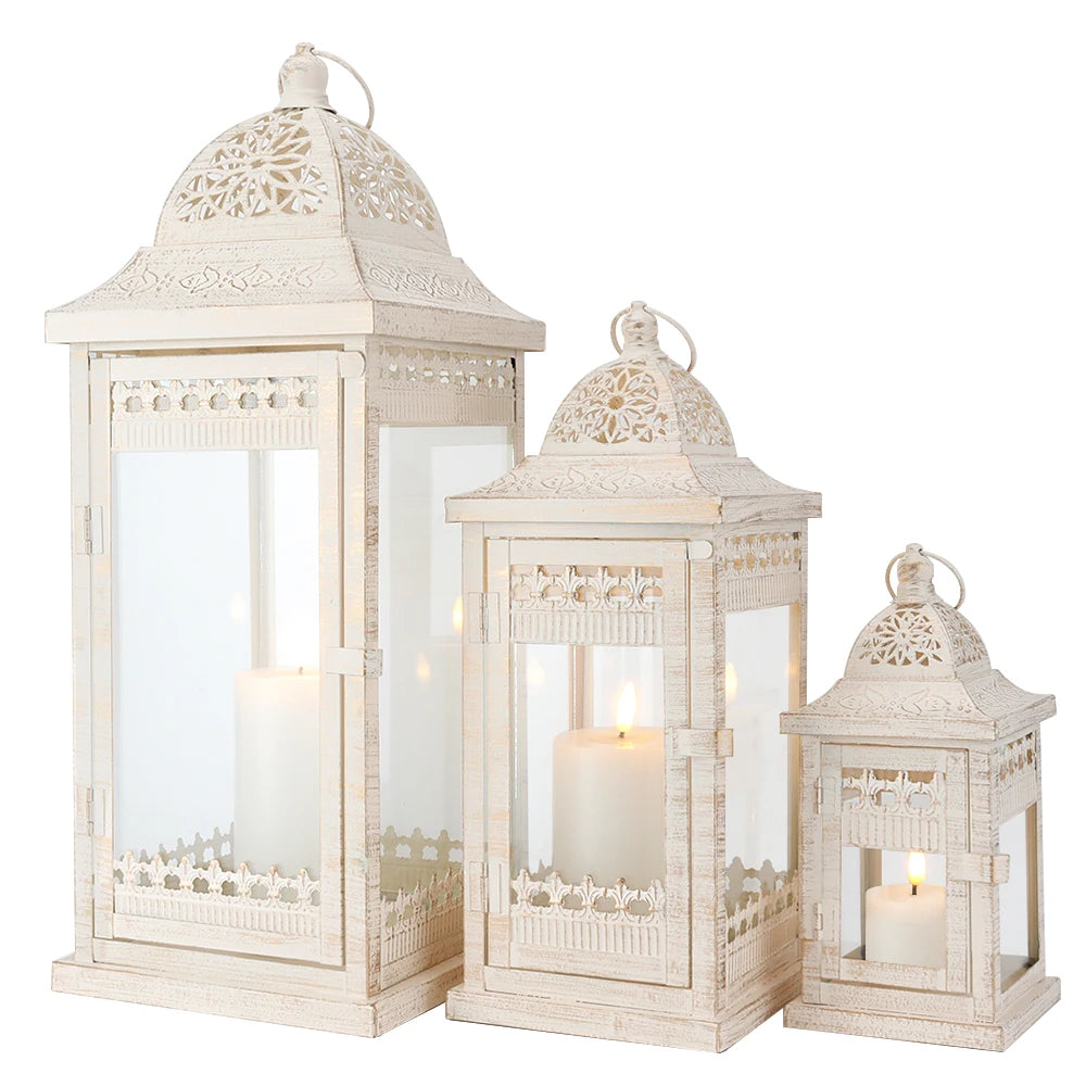 Set of 3 White Lantern Durable Garden Metal Lantern Empty Square Candle Lantern for Wedding Decoration