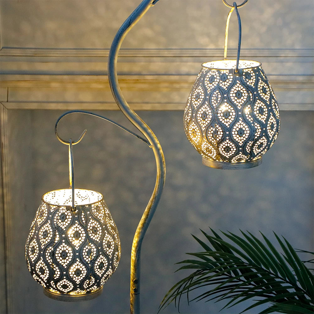 Set of Two Moroccan Style Battery Lantern Durable Garden Metal Round Lamp for Holiday Decoration (2pcs)