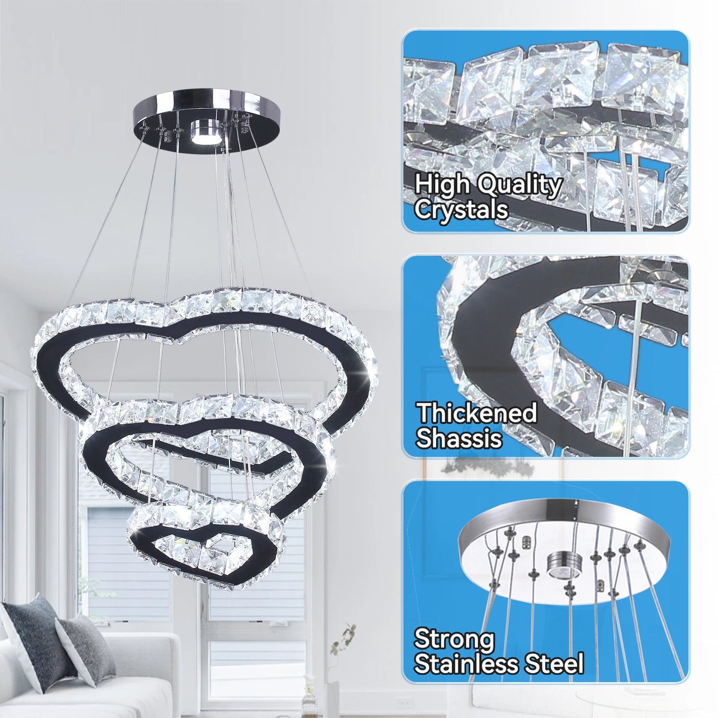 Modern Luxury 3 Hearts Rings Crystal Chandelier Cool Warm White Home Decor LED Light Source