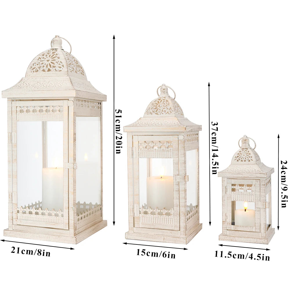 Set of 3 White Lantern Durable Garden Metal Lantern Empty Square Candle Lantern for Wedding Decoration