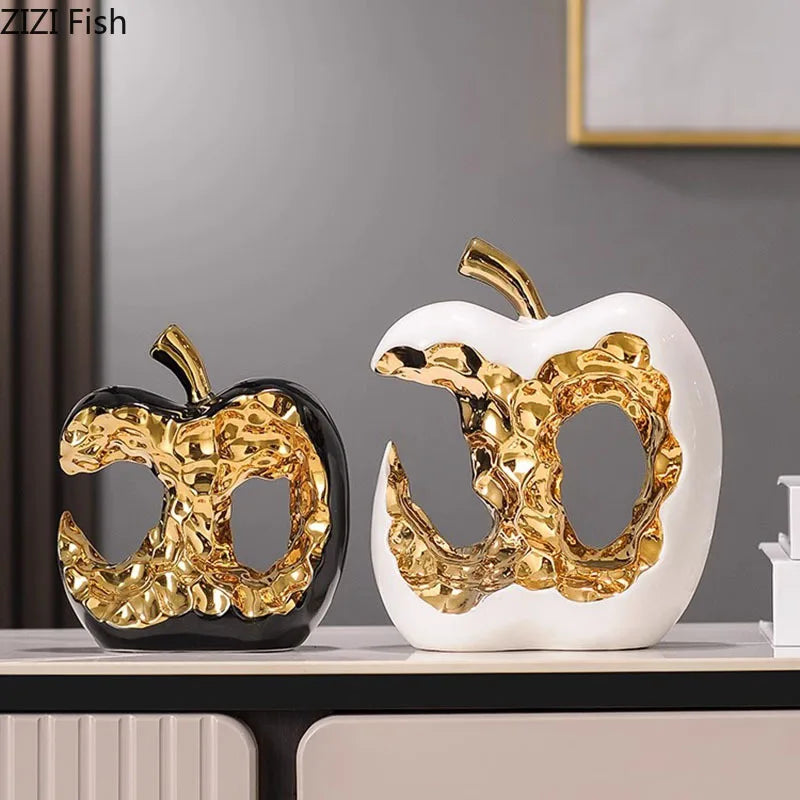 Gold-plated Apple Hollow Out Crafts Ceramic Sculpture Desk Decoration Ornaments Creative Apple Statue Room Aesthetic Decor
