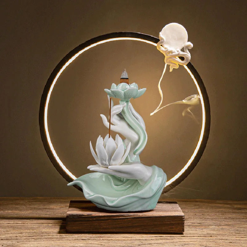 Chinese style Buddha's Hand Lotus LED Reflux Incense Burner Stand, Home Decoration Pure Handmade Lotus Fragrance Diffuser
