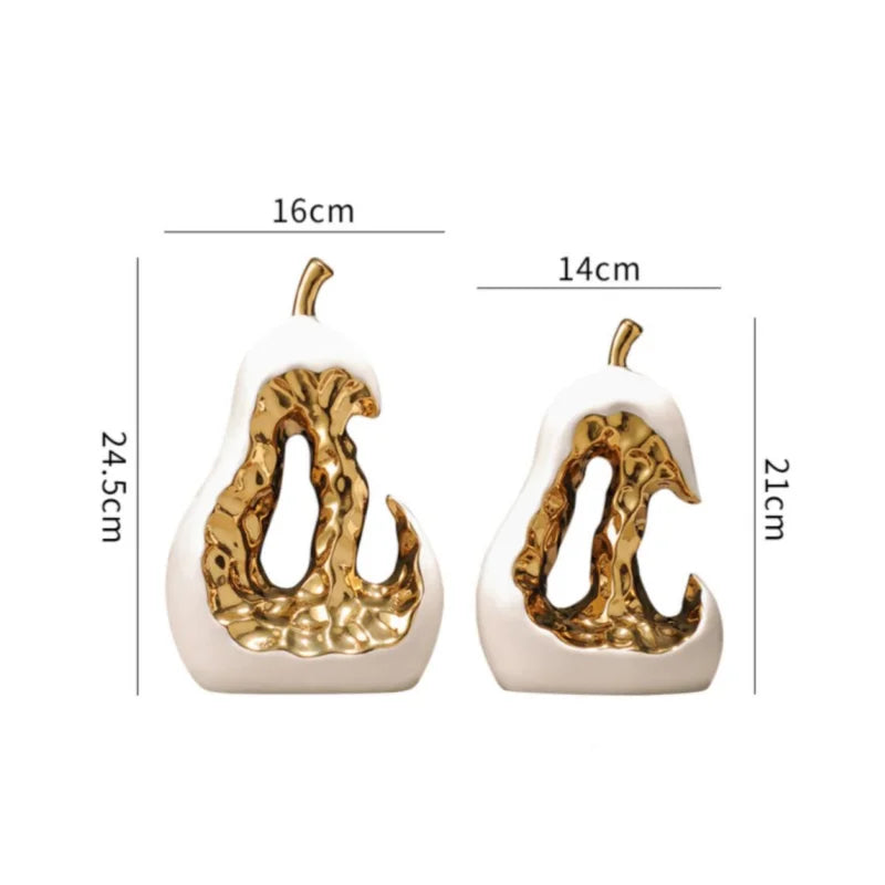 Ceramic Handicraft Golden Pear Abstract Hollow Pear Artificial Fruit Sculpture Decorative Figurines Home Decoration Accessories