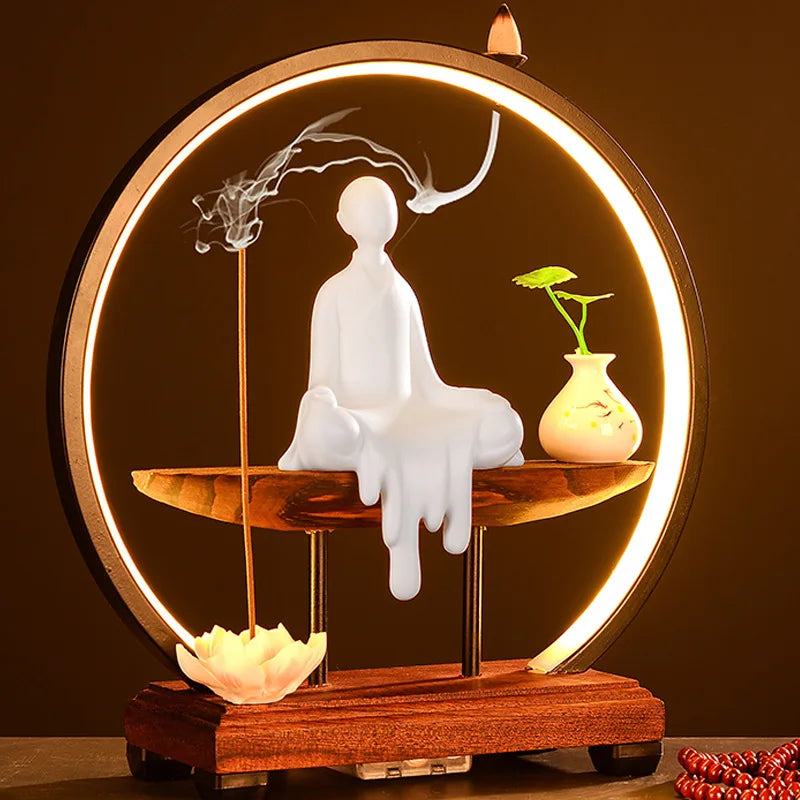 Chinese Style Zen Mood Battery-powered Circal Light Of Incense Holder With Wodden Rack Light Up Figurine Holder