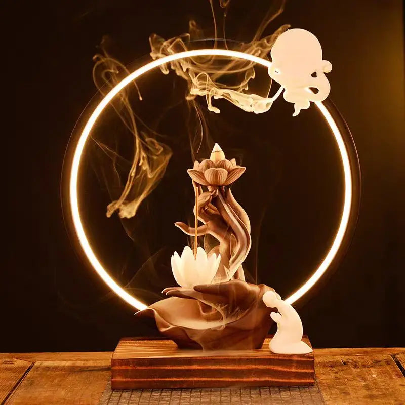 Chinese style Buddha's Hand Lotus LED Reflux Incense Burner Stand, Home Decoration Pure Handmade Lotus Fragrance Diffuser