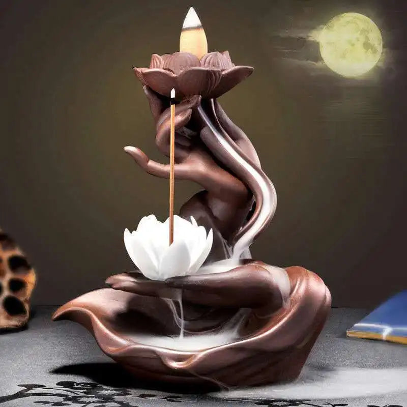 Chinese style Buddha's Hand Lotus LED Reflux Incense Burner Stand, Home Decoration Pure Handmade Lotus Fragrance Diffuser