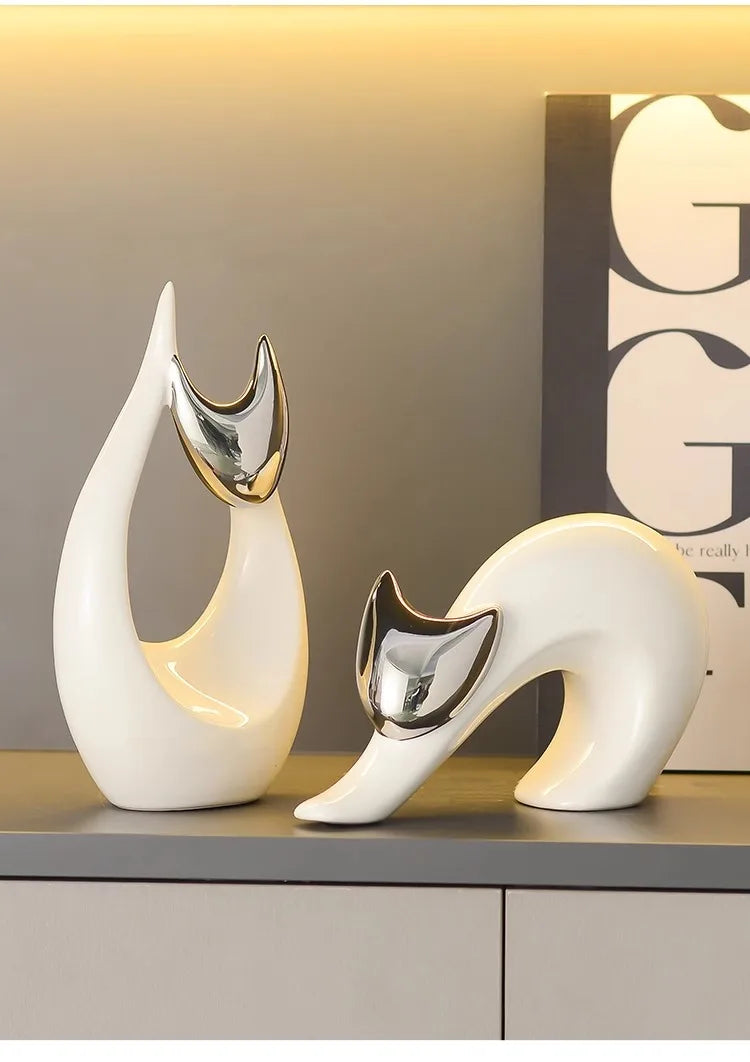 Abstract Artwork Ceramic Kitten Statue White Animal Ornaments Desk Decoration Porcelain Cat Sculpture Room Aesthetics Decor