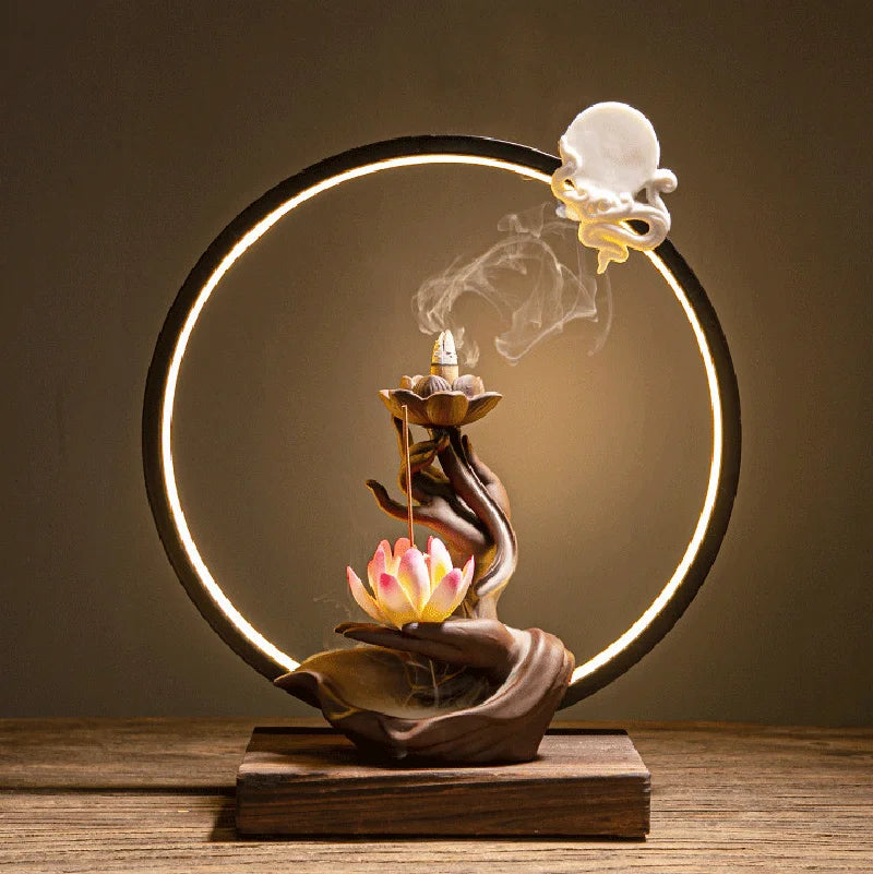 Chinese style Buddha's Hand Lotus LED Reflux Incense Burner Stand, Home Decoration Pure Handmade Lotus Fragrance Diffuser
