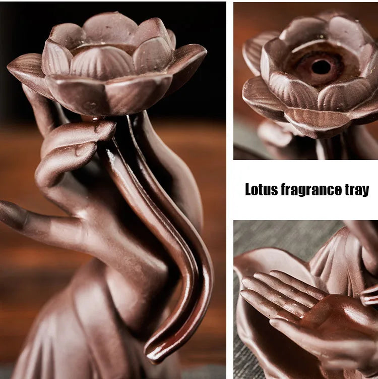 Chinese style Buddha's Hand Lotus LED Reflux Incense Burner Stand, Home Decoration Pure Handmade Lotus Fragrance Diffuser