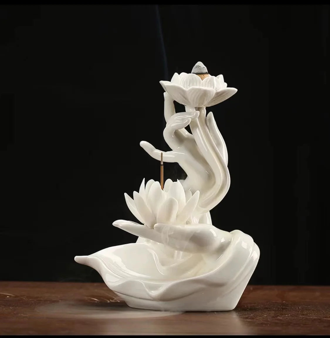 Chinese style Buddha's Hand Lotus LED Reflux Incense Burner Stand, Home Decoration Pure Handmade Lotus Fragrance Diffuser