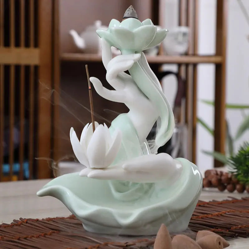 Chinese style Buddha's Hand Lotus LED Reflux Incense Burner Stand, Home Decoration Pure Handmade Lotus Fragrance Diffuser