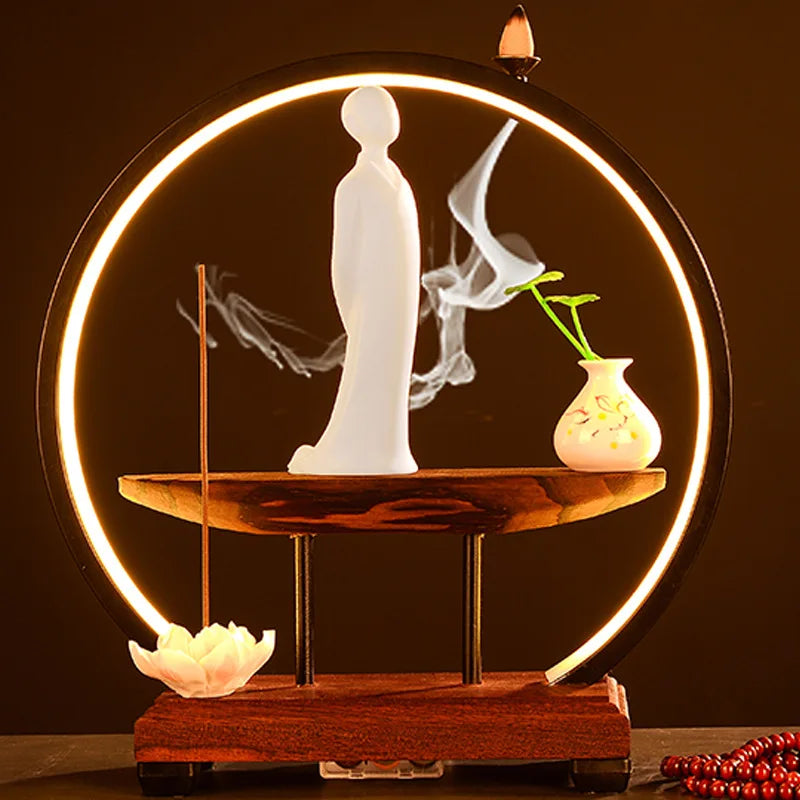 Chinese Style Zen Mood Battery-powered Circal Light Of Incense Holder With Wodden Rack Light Up Figurine Holder