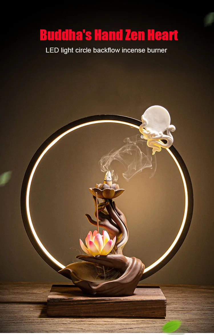 Chinese style Buddha's Hand Lotus LED Reflux Incense Burner Stand, Home Decoration Pure Handmade Lotus Fragrance Diffuser