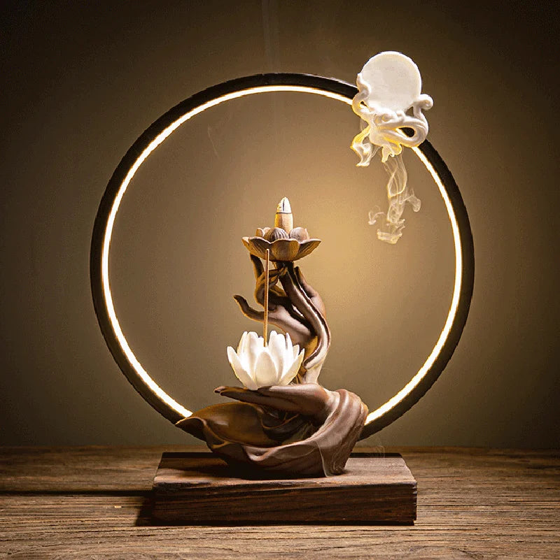 Chinese style Buddha's Hand Lotus LED Reflux Incense Burner Stand, Home Decoration Pure Handmade Lotus Fragrance Diffuser