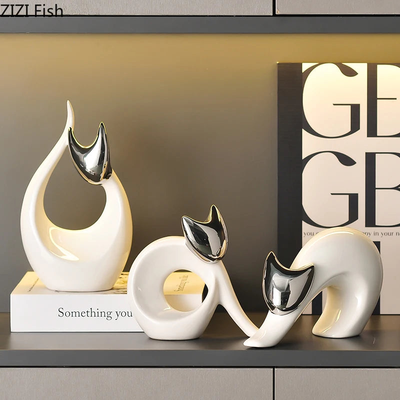 Abstract Artwork Ceramic Kitten Statue White Animal Ornaments Desk Decoration Porcelain Cat Sculpture Room Aesthetics Decor
