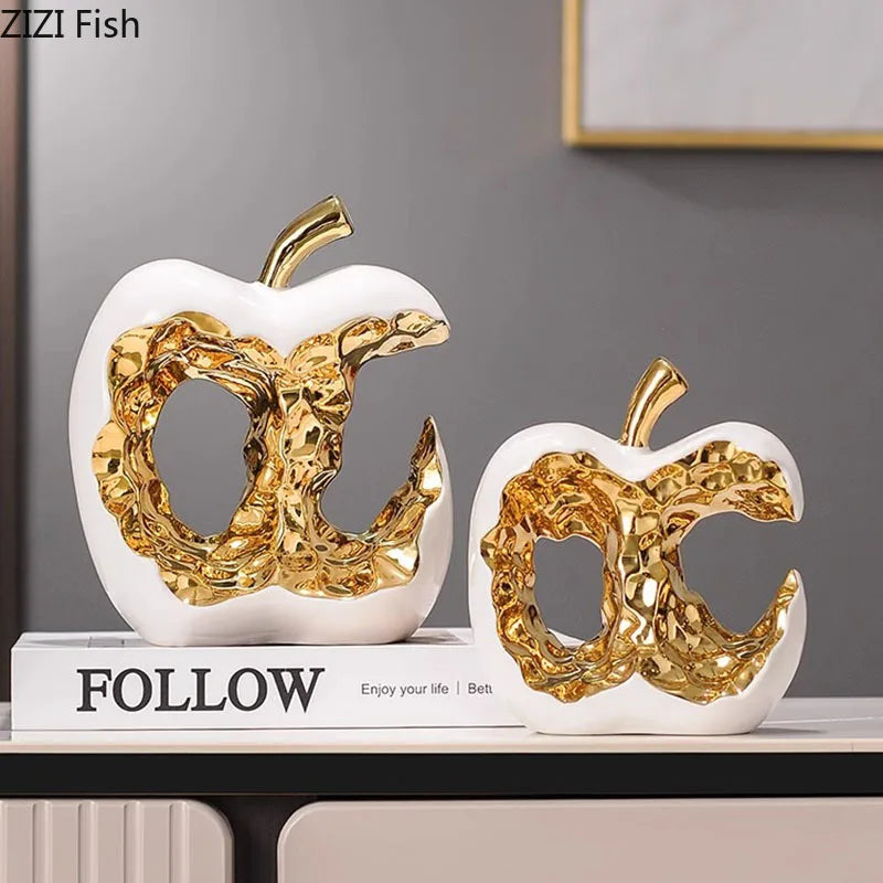 Gold-plated Apple Hollow Out Crafts Ceramic Sculpture Desk Decoration Ornaments Creative Apple Statue Room Aesthetic Decor