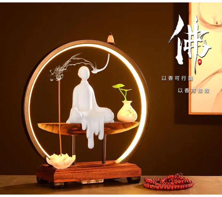 Chinese Style Zen Mood Battery-powered Circal Light Of Incense Holder With Wodden Rack Light Up Figurine Holder