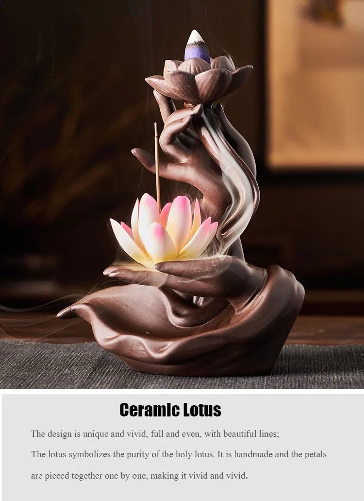 Chinese style Buddha's Hand Lotus LED Reflux Incense Burner Stand, Home Decoration Pure Handmade Lotus Fragrance Diffuser
