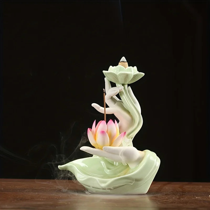 Chinese style Buddha's Hand Lotus LED Reflux Incense Burner Stand, Home Decoration Pure Handmade Lotus Fragrance Diffuser