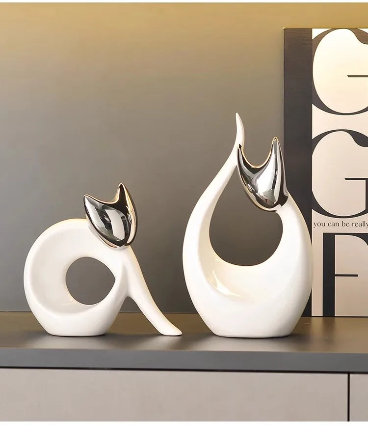 Abstract Artwork Ceramic Kitten Statue White Animal Ornaments Desk Decoration Porcelain Cat Sculpture Room Aesthetics Decor