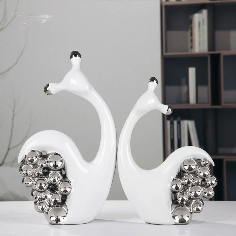 Silver Plated Bouble Couple Kiss Fish Vase Modern Europe Ceramic Furnishing Articles Office Home Livingroom Ornament Decoration