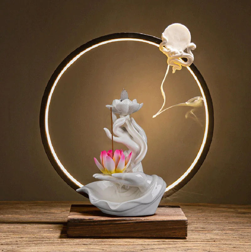 Chinese style Buddha's Hand Lotus LED Reflux Incense Burner Stand, Home Decoration Pure Handmade Lotus Fragrance Diffuser