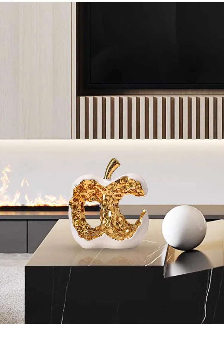 Gold-plated Apple Hollow Out Crafts Ceramic Sculpture Desk Decoration Ornaments Creative Apple Statue Room Aesthetic Decor