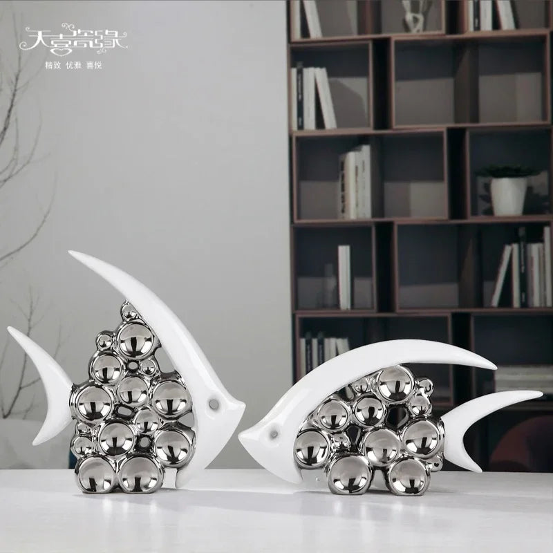 Silver Plated Bouble Couple Kiss Fish Vase Modern Europe Ceramic Furnishing Articles Office Home Livingroom Ornament Decoration