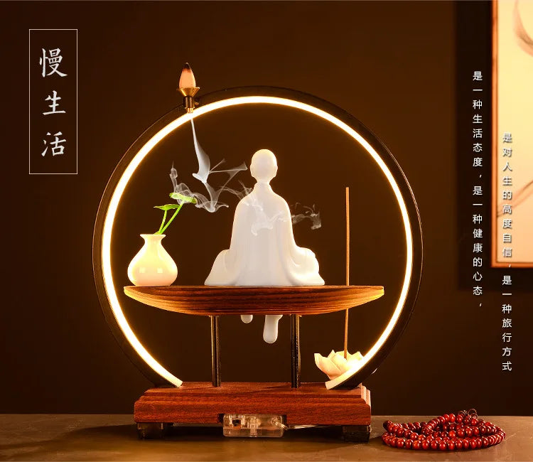 Chinese Style Zen Mood Battery-powered Circal Light Of Incense Holder With Wodden Rack Light Up Figurine Holder
