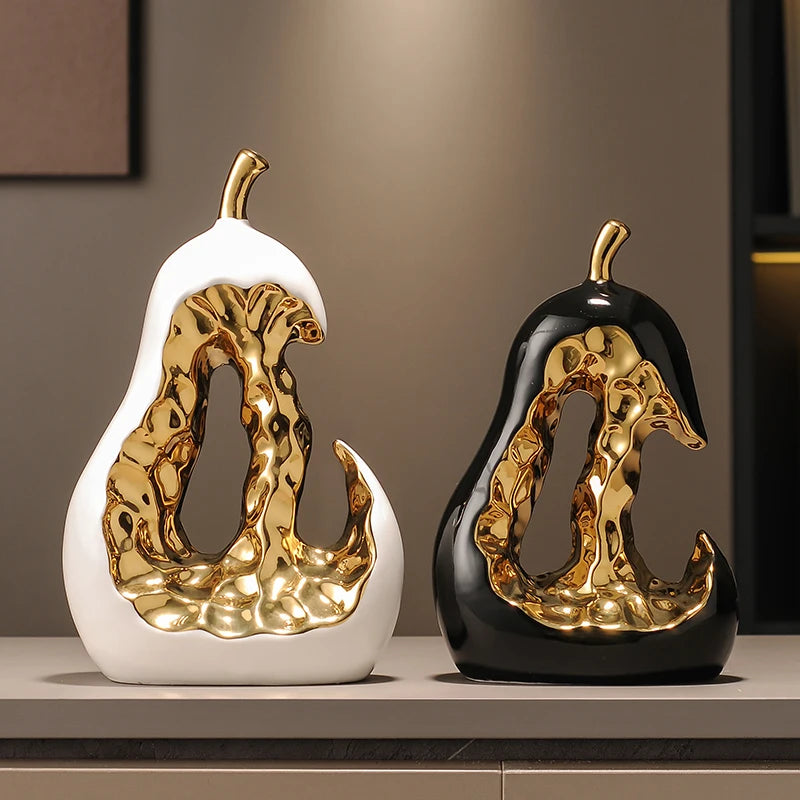 Ceramic Handicraft Golden Pear Abstract Hollow Pear Artificial Fruit Sculpture Decorative Figurines Home Decoration Accessories