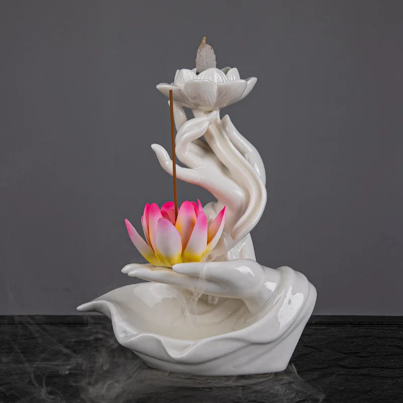 Chinese style Buddha's Hand Lotus LED Reflux Incense Burner Stand, Home Decoration Pure Handmade Lotus Fragrance Diffuser