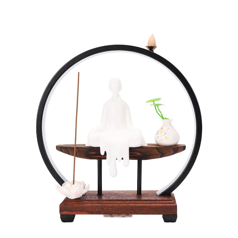 Chinese Style Zen Mood Battery-powered Circal Light Of Incense Holder With Wodden Rack Light Up Figurine Holder