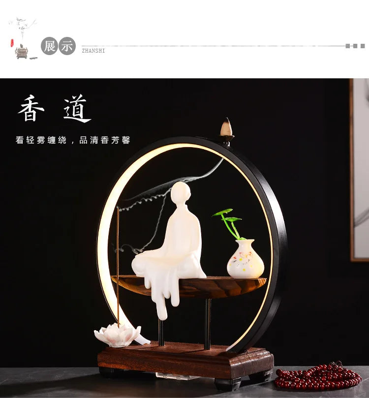 Chinese Style Zen Mood Battery-powered Circal Light Of Incense Holder With Wodden Rack Light Up Figurine Holder