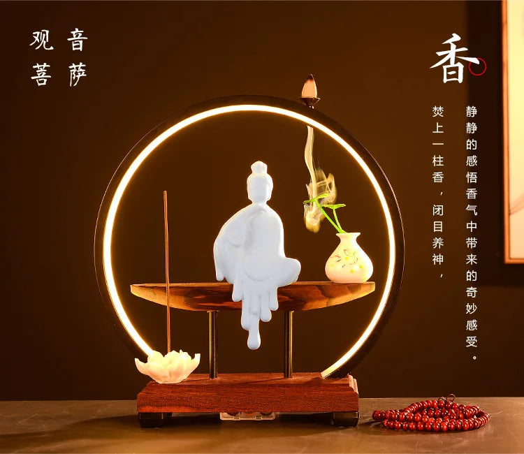 Chinese Style Zen Mood Battery-powered Circal Light Of Incense Holder With Wodden Rack Light Up Figurine Holder