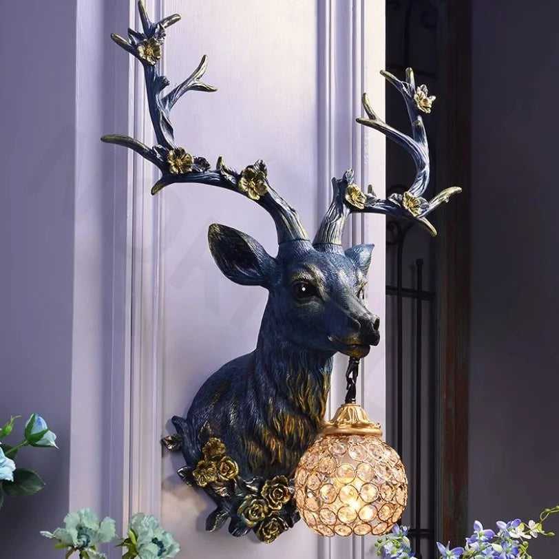 Retro Deer Antlers Deer Heads Wall Lamp Personalized American Art Rural Style Creative Living Room Bedside Decoration bedroomLED